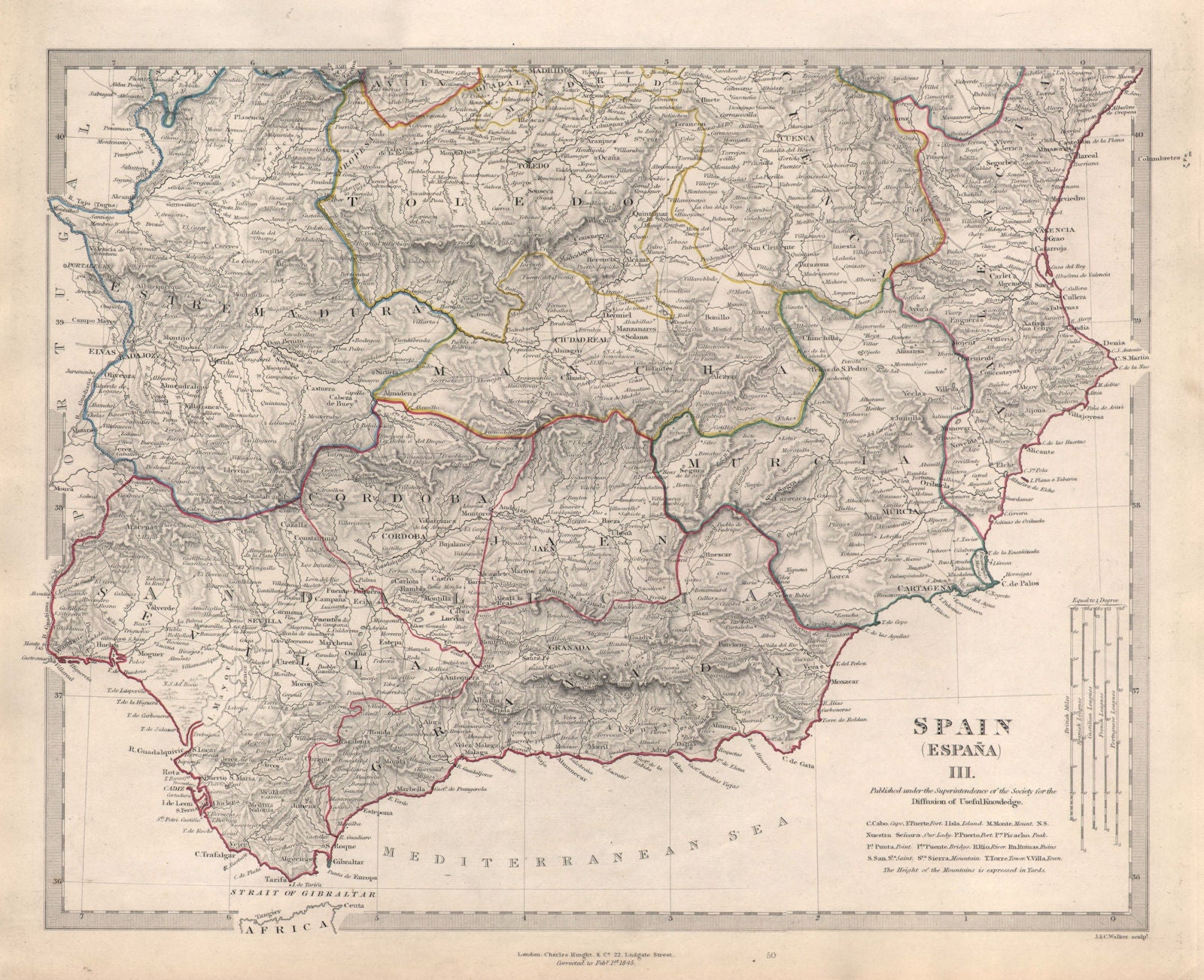 SPAIN SOUTH. Sevilla Granada Cordoba Murcia Jaen Valencia Toledo. SDUK 1846 map